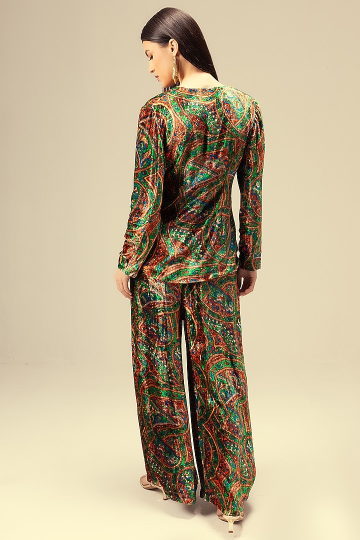 Green Viscose Velvet Abstract Printed Jacket Set by Reena Sharma at Pernia's Pop Up Shop