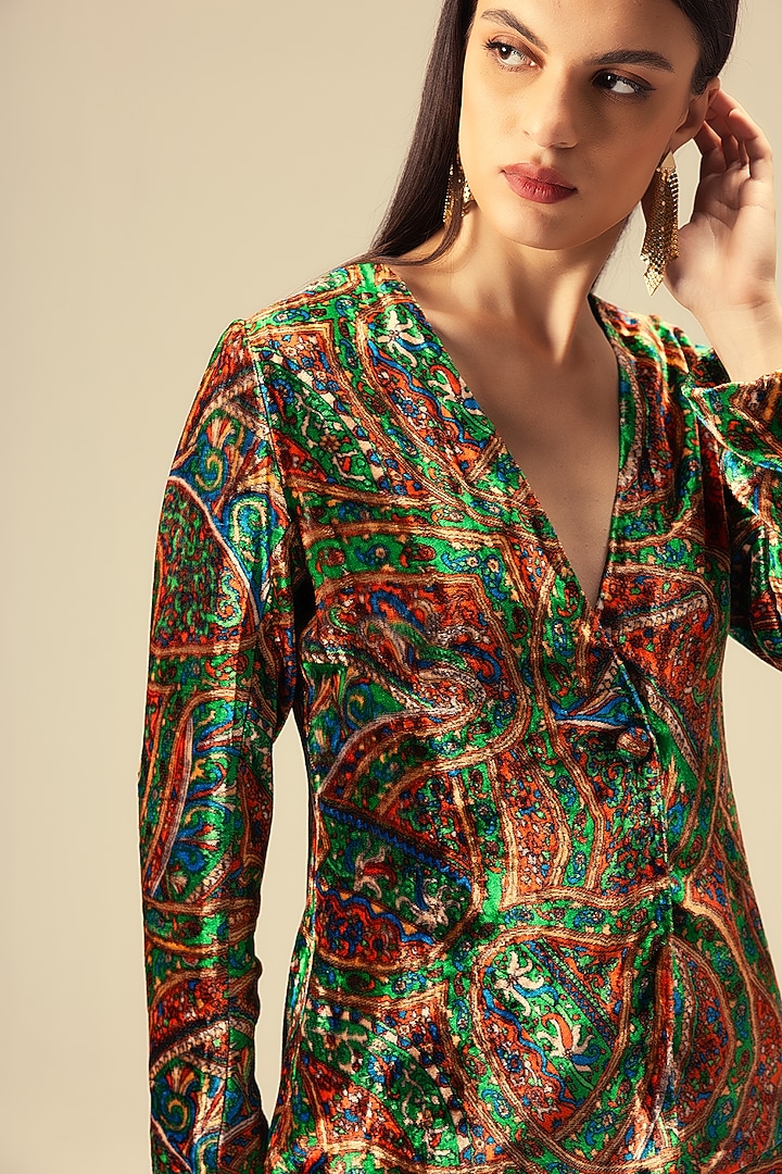 Green Viscose Velvet Abstract Printed Jacket Set by Reena Sharma at Pernia's Pop Up Shop