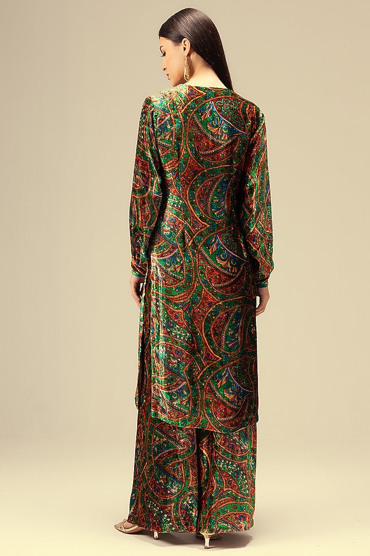Green Viscose Velvet Abstract Printed Tunic Set by Reena Sharma at Pernia's Pop Up Shop