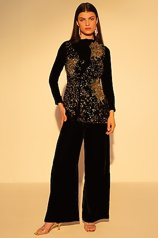 Black Viscose Velvet Hand Embellished Asymmetric Top by Reena Sharma