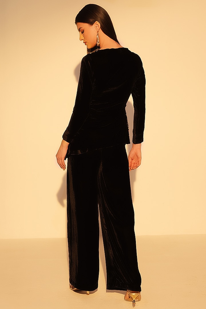 Black Viscose Velvet Hand Embellished Asymmetric Top by Reena Sharma at Pernia's Pop Up Shop