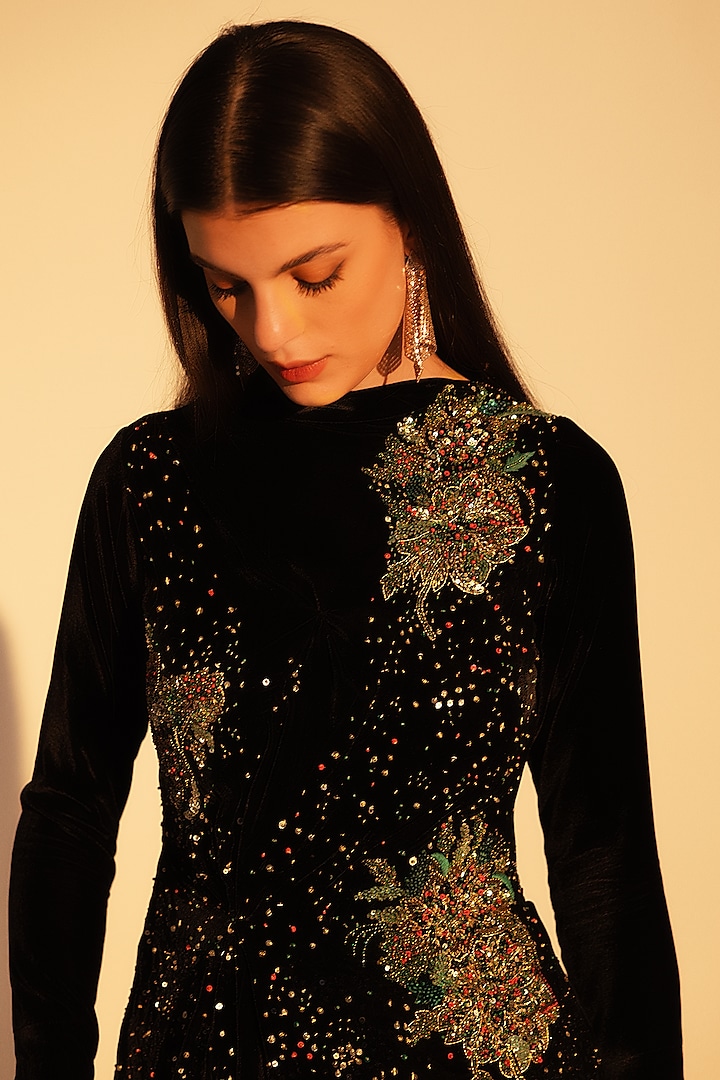 Black Viscose Velvet Hand Embellished Asymmetric Top by Reena Sharma at Pernia's Pop Up Shop