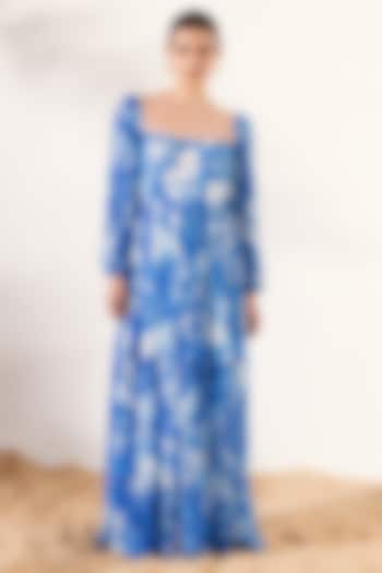 Blue Viscose Crinkled Chiffon Botanical Printed Maxi Dress by Reena Sharma