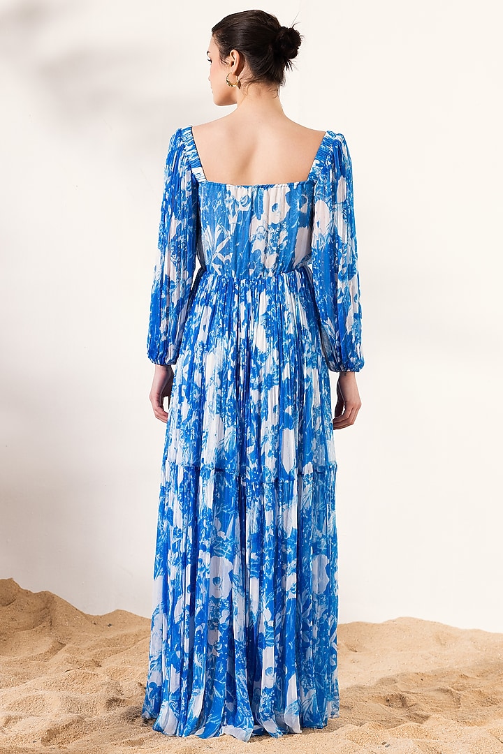 Blue Viscose Crinkled Chiffon Botanical Printed Maxi Vacation Dress by Reena Sharma at Pernia's Pop Up Shop