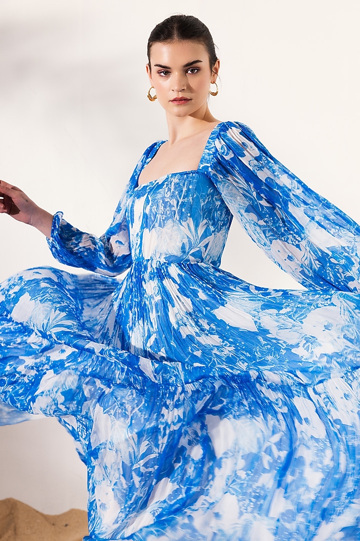 Blue Viscose Crinkled Chiffon Botanical Printed Maxi Vacation Dress by Reena Sharma at Pernia's Pop Up Shop