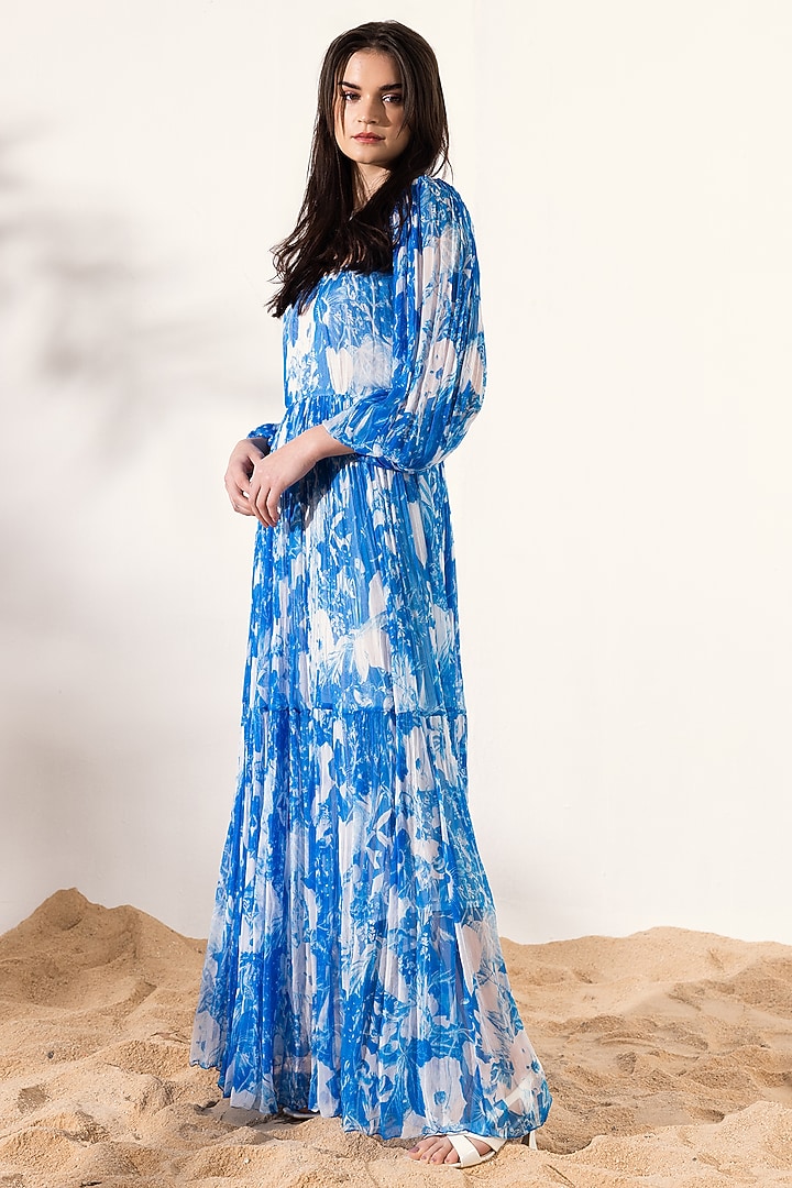Blue Viscose Crinkled Chiffon Botanical Printed Maxi Vacation Dress by Reena Sharma at Pernia's Pop Up Shop