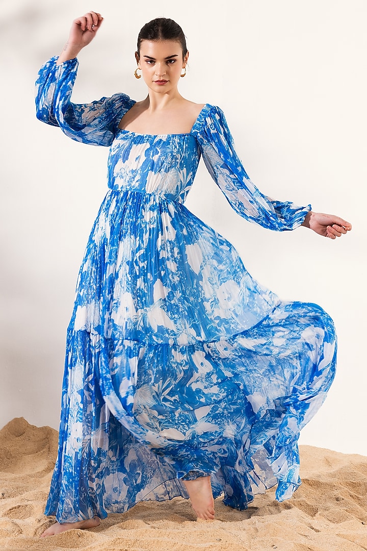 Blue Viscose Crinkled Chiffon Botanical Printed Maxi Vacation Dress by Reena Sharma at Pernia's Pop Up Shop