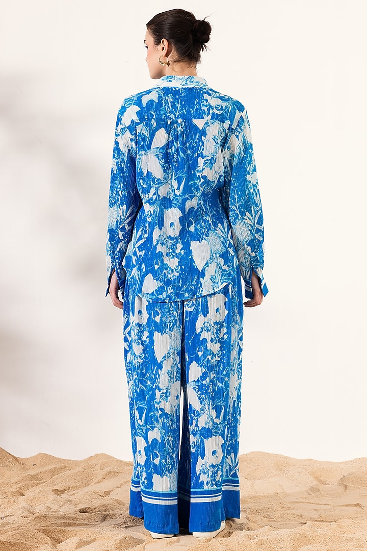 Blue Cotton Crepe Botanical Printed Co-Ord Set by Reena Sharma at Pernia's Pop Up Shop