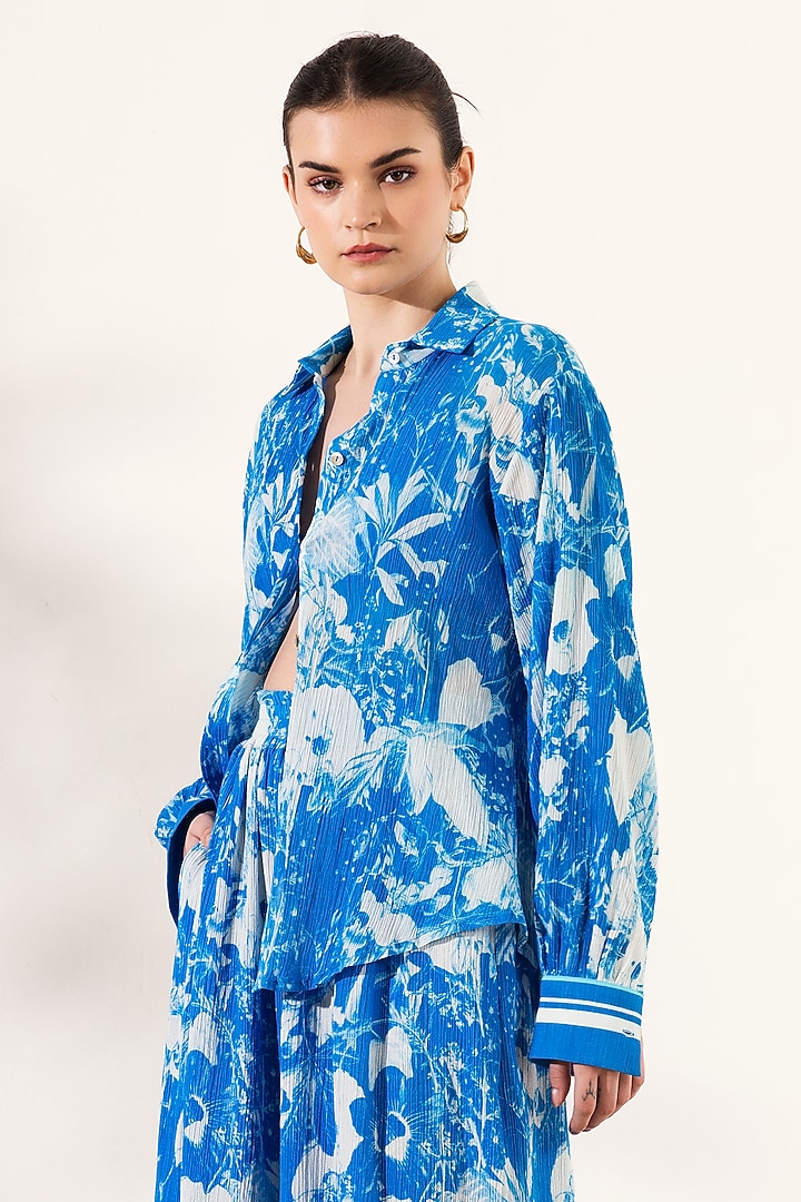 Blue Cotton Crepe Botanical Printed Co-Ord Set by Reena Sharma at Pernia's Pop Up Shop