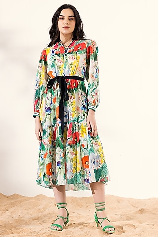 Multi-Colored Cotton Crepe Botanical Printed Midi Dress by Reena Sharma
