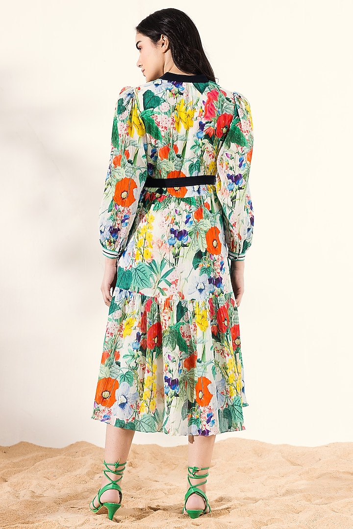 Multi-Colored Cotton Crepe Botanical Printed Midi Summer Dress by Reena Sharma at Pernia's Pop Up Shop