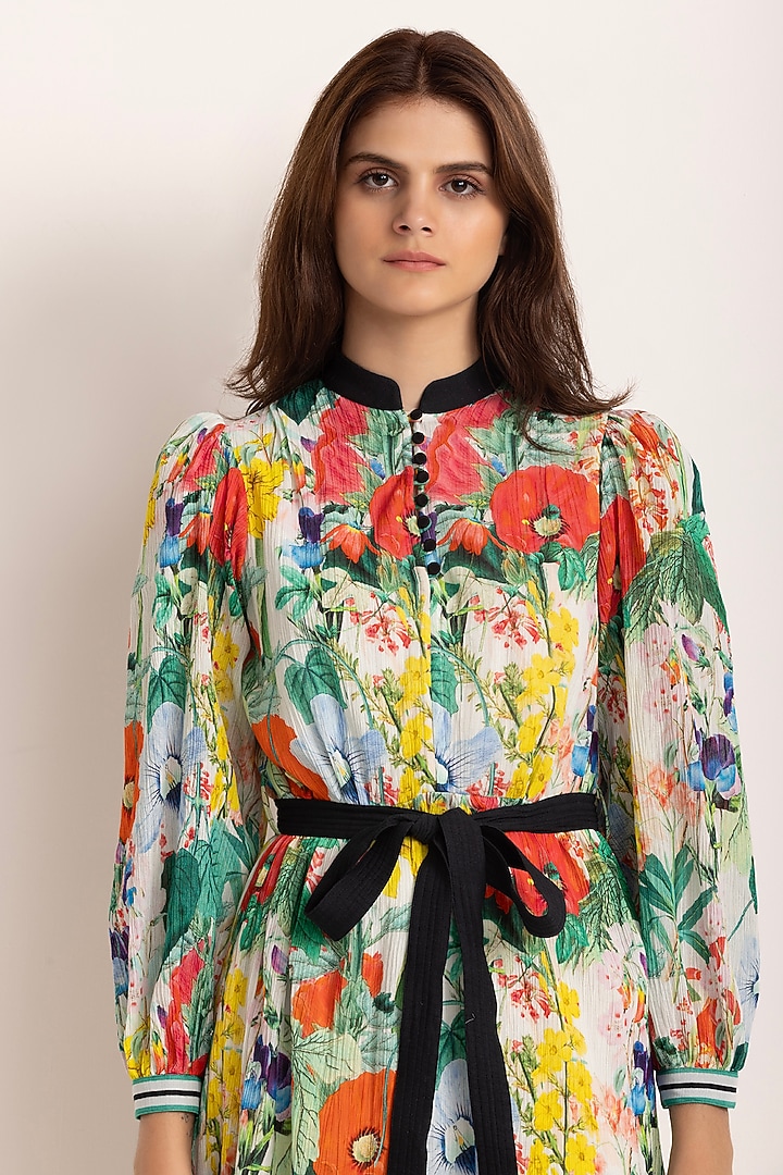 Multi-Colored Cotton Crepe Botanical Printed Midi Summer Dress by Reena Sharma at Pernia's Pop Up Shop