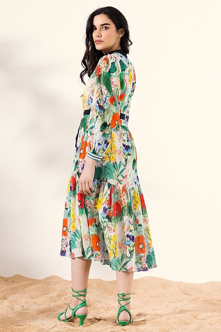 Multi-Colored Cotton Crepe Botanical Printed Midi Summer Dress by Reena Sharma at Pernia's Pop Up Shop