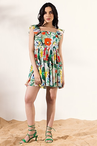 Multi-Colored Cotton Crepe Botanical Printed Mini Dress by Reena Sharma