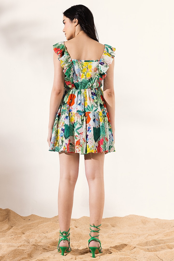 Multi-Colored Cotton Crepe Botanical Printed Mini Summer Dress by Reena Sharma at Pernia's Pop Up Shop