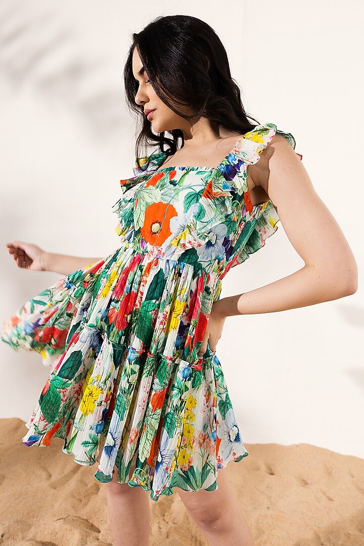 Multi-Colored Cotton Crepe Botanical Printed Mini Summer Dress by Reena Sharma at Pernia's Pop Up Shop