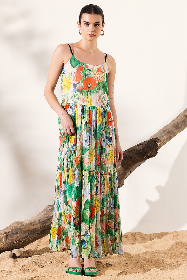 Multi-Colored Viscose Crinkled Chiffon Botanical Printed Maxi Dress by Reena Sharma at Pernia's Pop Up Shop