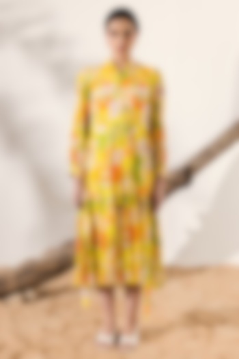Yellow Cotton Crepe Botanical Printed Midi Summer Dress by Reena Sharma at Pernia's Pop Up Shop