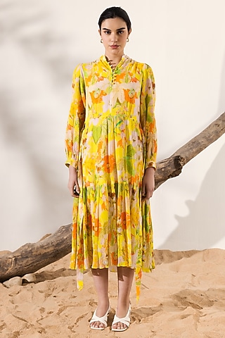 Yellow Cotton Crepe Botanical Printed Midi Dress by Reena Sharma