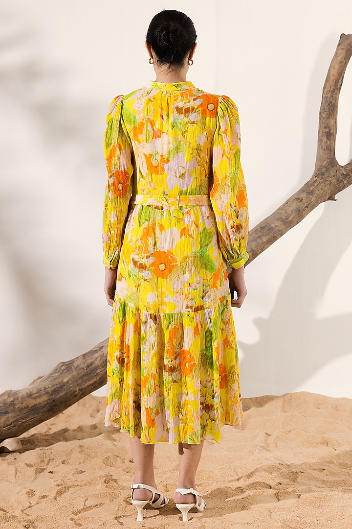 Yellow Cotton Crepe Botanical Printed Midi Summer Dress by Reena Sharma at Pernia's Pop Up Shop