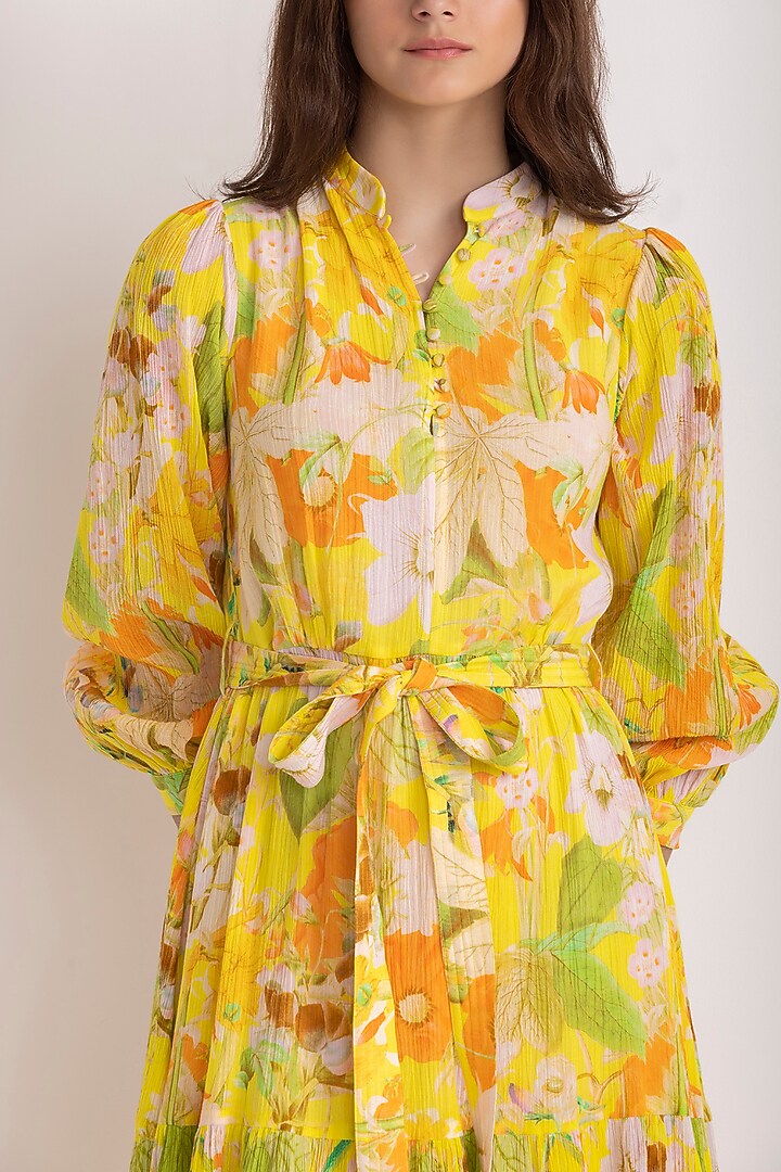 Yellow Cotton Crepe Botanical Printed Midi Summer Dress by Reena Sharma at Pernia's Pop Up Shop