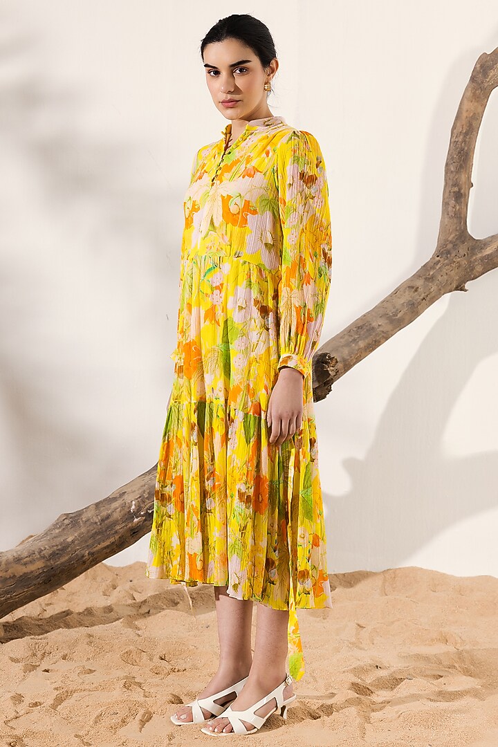 Yellow Cotton Crepe Botanical Printed Midi Summer Dress by Reena Sharma at Pernia's Pop Up Shop