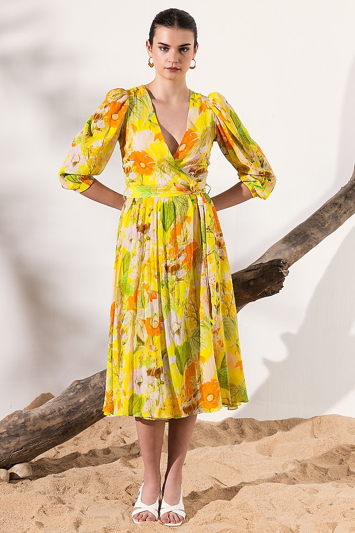 Yellow Cotton Crepe Botanical Printed Wrap Midi Dress by Reena Sharma