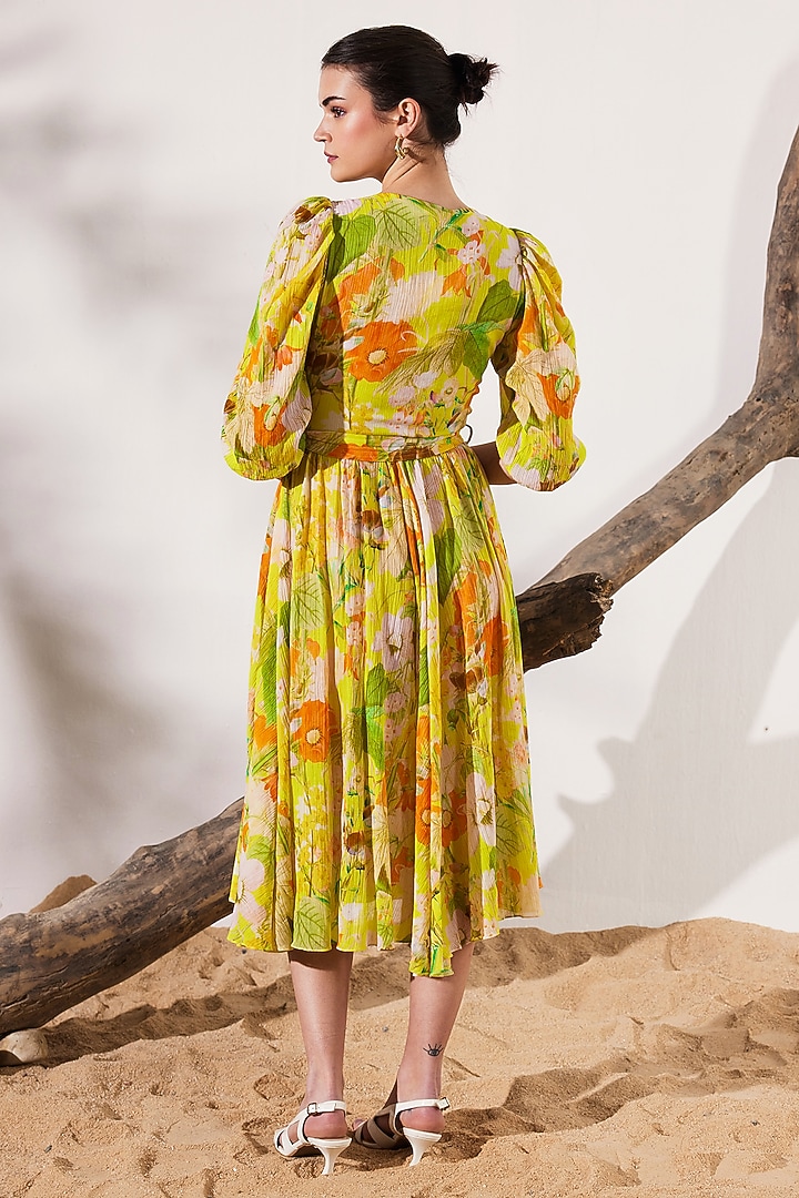 Yellow Cotton Crepe Botanical Printed Wrap Midi Summer Dress by Reena Sharma at Pernia's Pop Up Shop