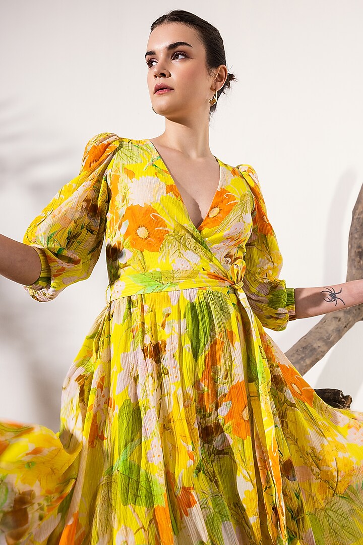 Yellow Cotton Crepe Botanical Printed Wrap Midi Summer Dress by Reena  Sharma at Pernia's Pop Up Shop