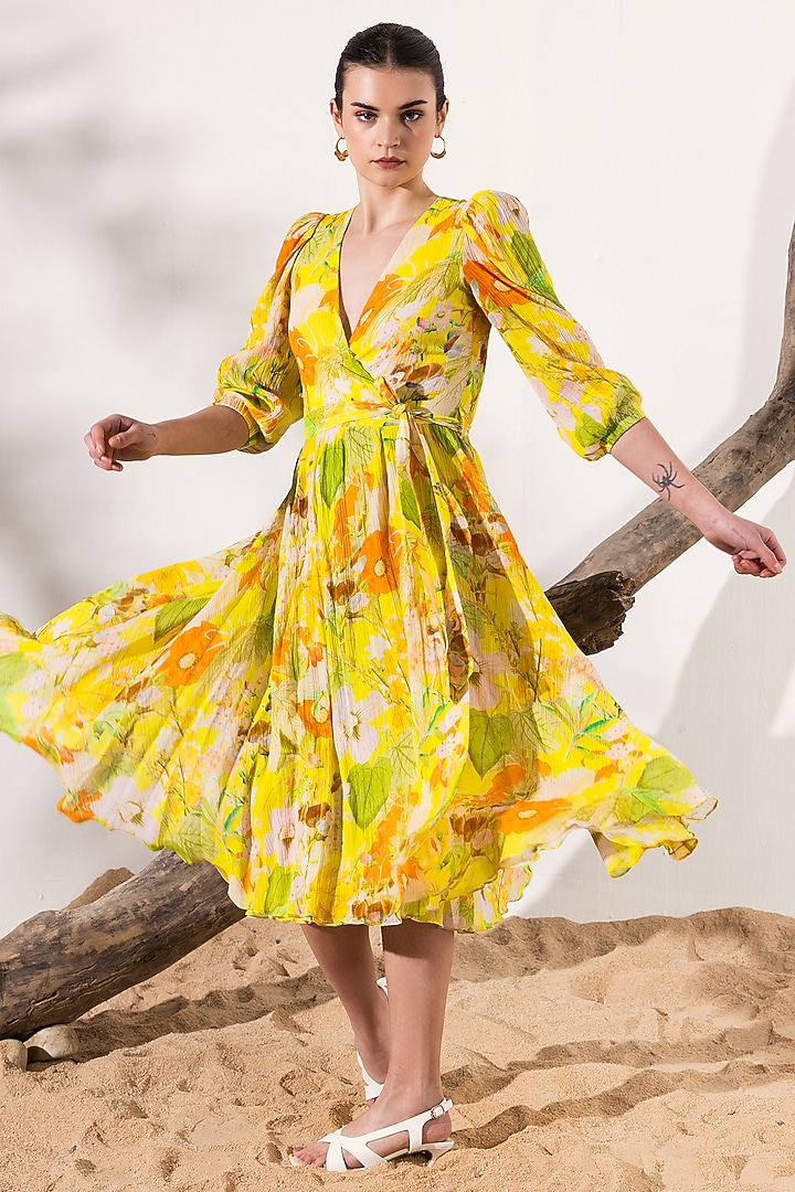 Yellow Cotton Crepe Botanical Printed Wrap Midi Summer Dress by Reena Sharma at Pernia's Pop Up Shop