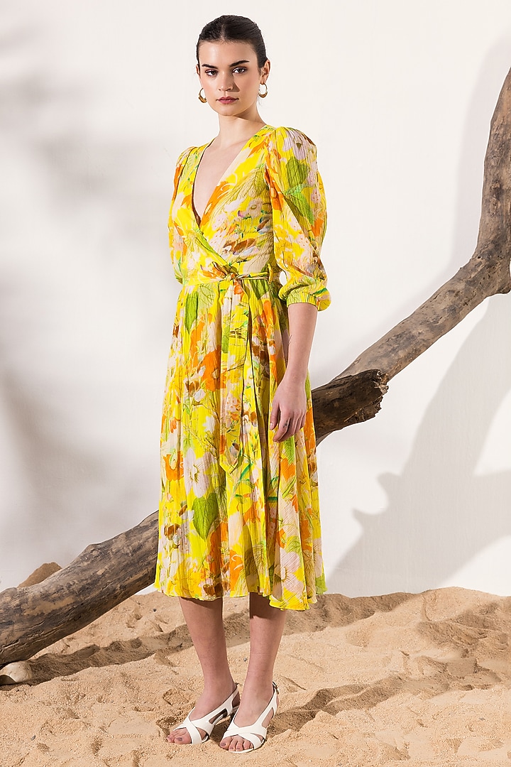 Yellow Cotton Crepe Botanical Printed Wrap Midi Summer Dress by Reena Sharma at Pernia's Pop Up Shop