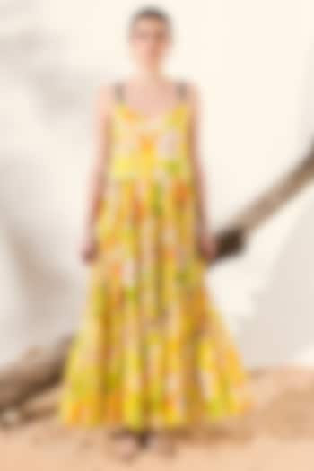 Yellow Cotton Crepe Botanical Printed Tiered Maxi Dress by Reena Sharma