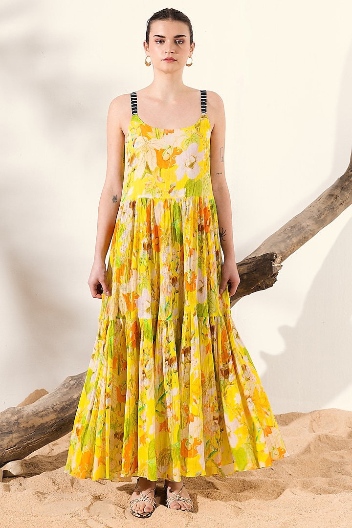 Yellow Cotton Crepe Botanical Printed Tiered Maxi Dress by Reena Sharma