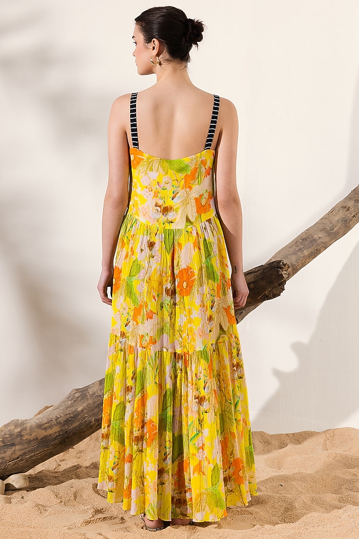 Yellow Cotton Crepe Botanical Printed Tiered Maxi Summer Dress by Reena Sharma at Pernia's Pop Up Shop
