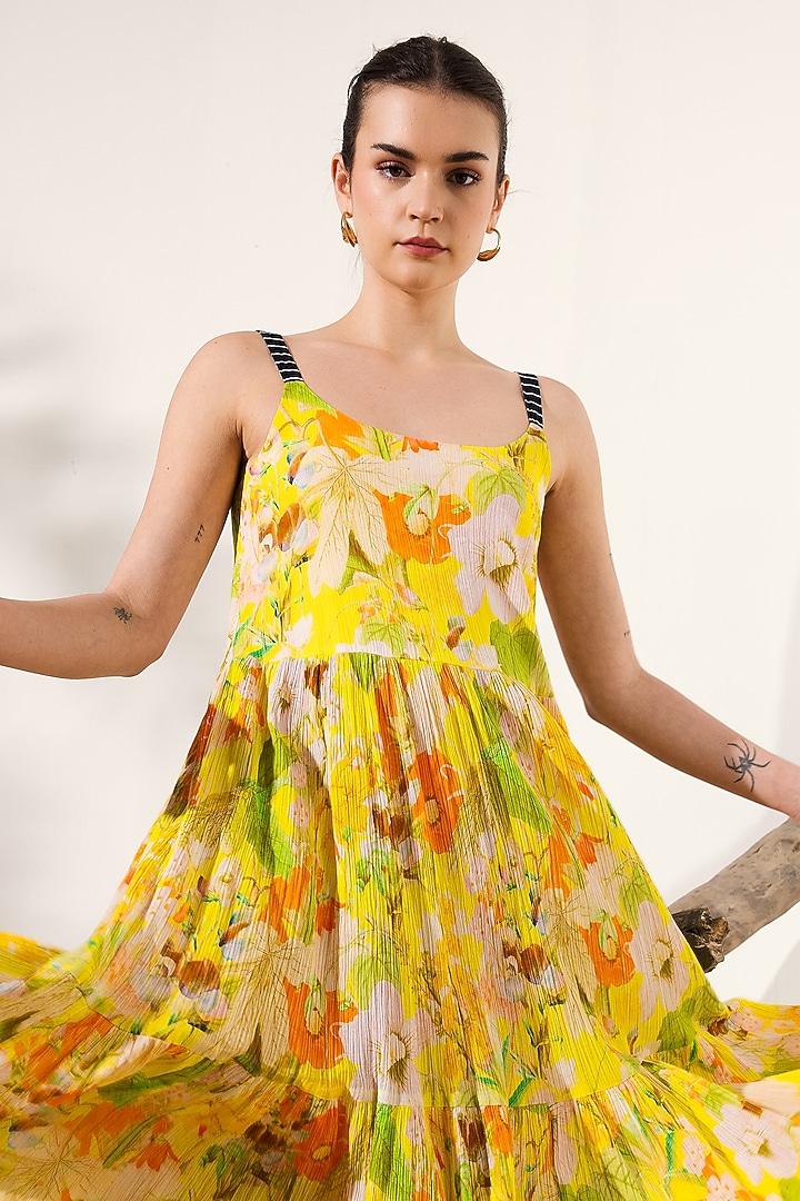 Yellow Cotton Crepe Botanical Printed Tiered Maxi Summer Dress by Reena Sharma at Pernia's Pop Up Shop