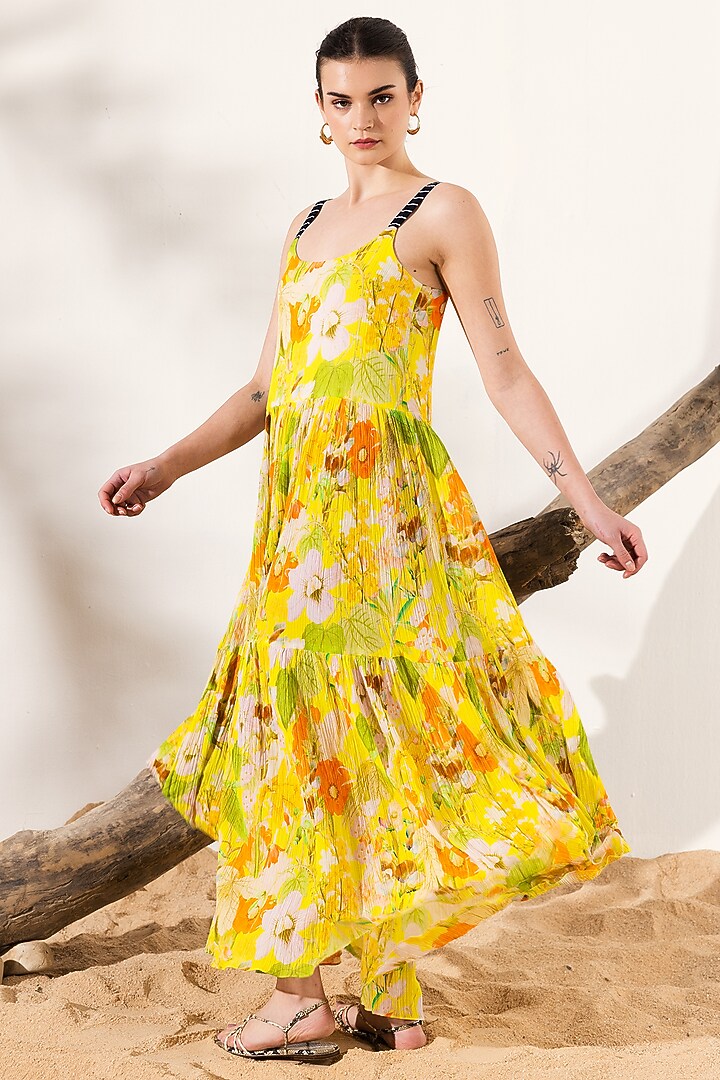 Yellow Cotton Crepe Botanical Printed Tiered Maxi Summer Dress by Reena Sharma at Pernia's Pop Up Shop