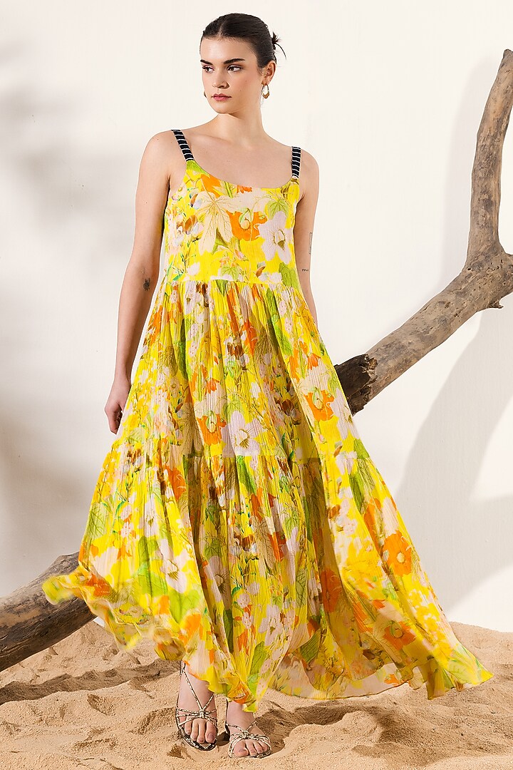 Yellow Cotton Crepe Botanical Printed Tiered Maxi Summer Dress by Reena Sharma at Pernia's Pop Up Shop