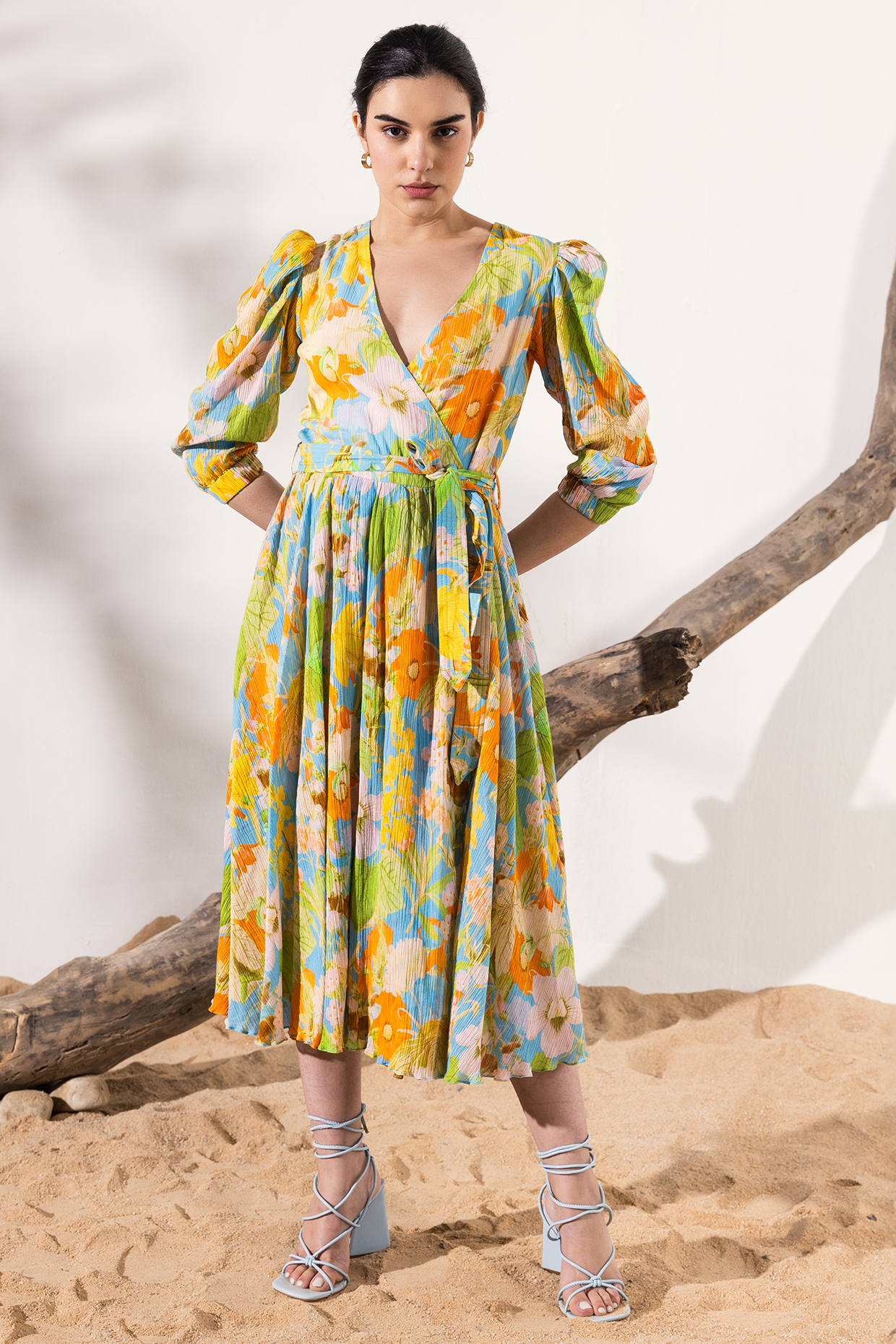 Sky Blue Orange Cotton Crepe Floral Printed Wrap Midi Dress by Reena Sharma at Pernia s Pop Up Shop 2024