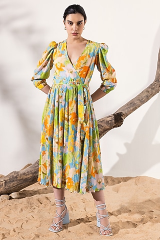 Sky Blue & Orange Cotton Crepe Floral Printed Wrap Midi Dress by Reena Sharma