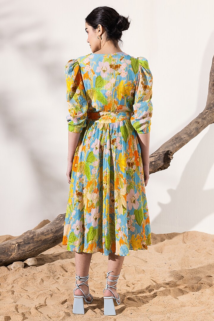 Sky Blue & Orange Cotton Crepe Floral Printed Wrap Midi Summer Dress by Reena Sharma at Pernia's Pop Up Shop