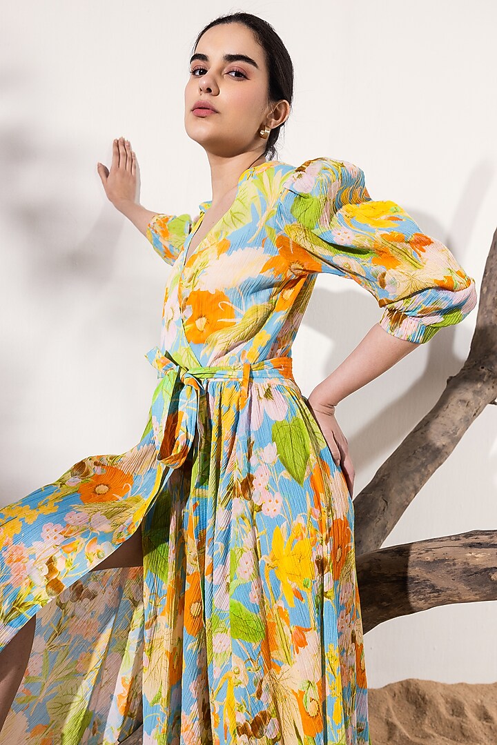 Sky Blue & Orange Cotton Crepe Floral Printed Wrap Midi Summer Dress by Reena Sharma at Pernia's Pop Up Shop