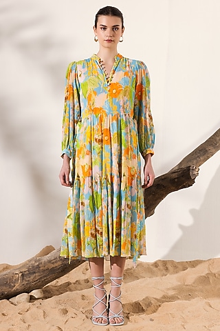 Sky Blue & Orange Cotton Crepe Floral Printed Midi Dress by Reena Sharma
