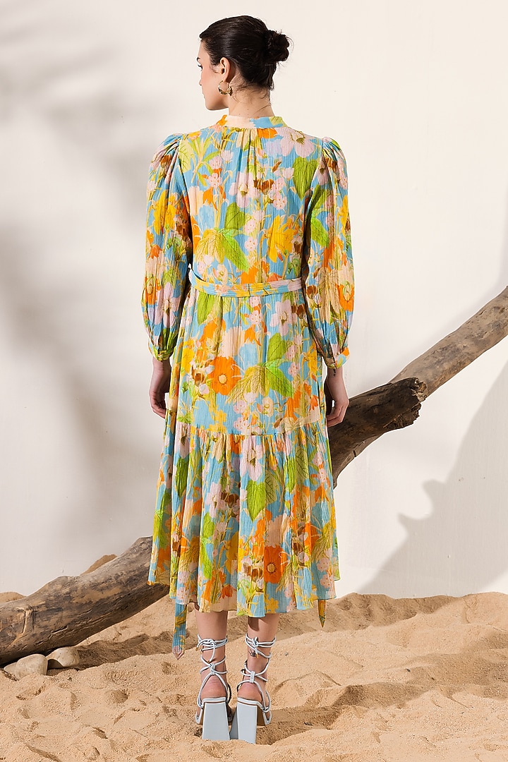 Sky Blue & Orange Cotton Crepe Floral Printed Midi Summer Dress by Reena Sharma at Pernia's Pop Up Shop