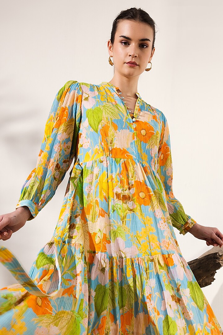 Sky Blue & Orange Cotton Crepe Floral Printed Midi Summer Dress by Reena Sharma at Pernia's Pop Up Shop