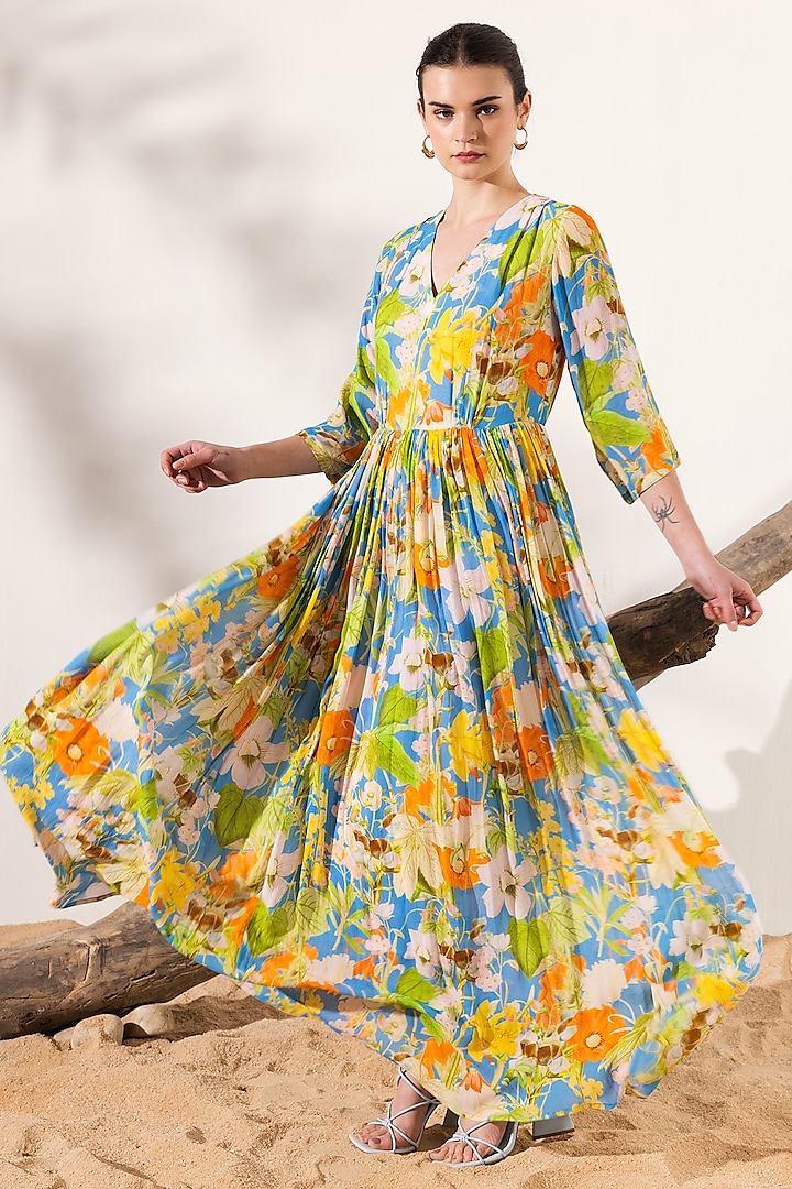 Blue & Orange Viscose Georgette Floral Printed Maxi Dress by Reena Sharma