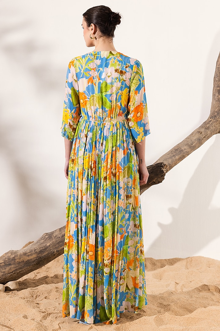 Blue & Orange Viscose Georgette Floral Printed Maxi Summer Dress by Reena Sharma at Pernia's Pop Up Shop