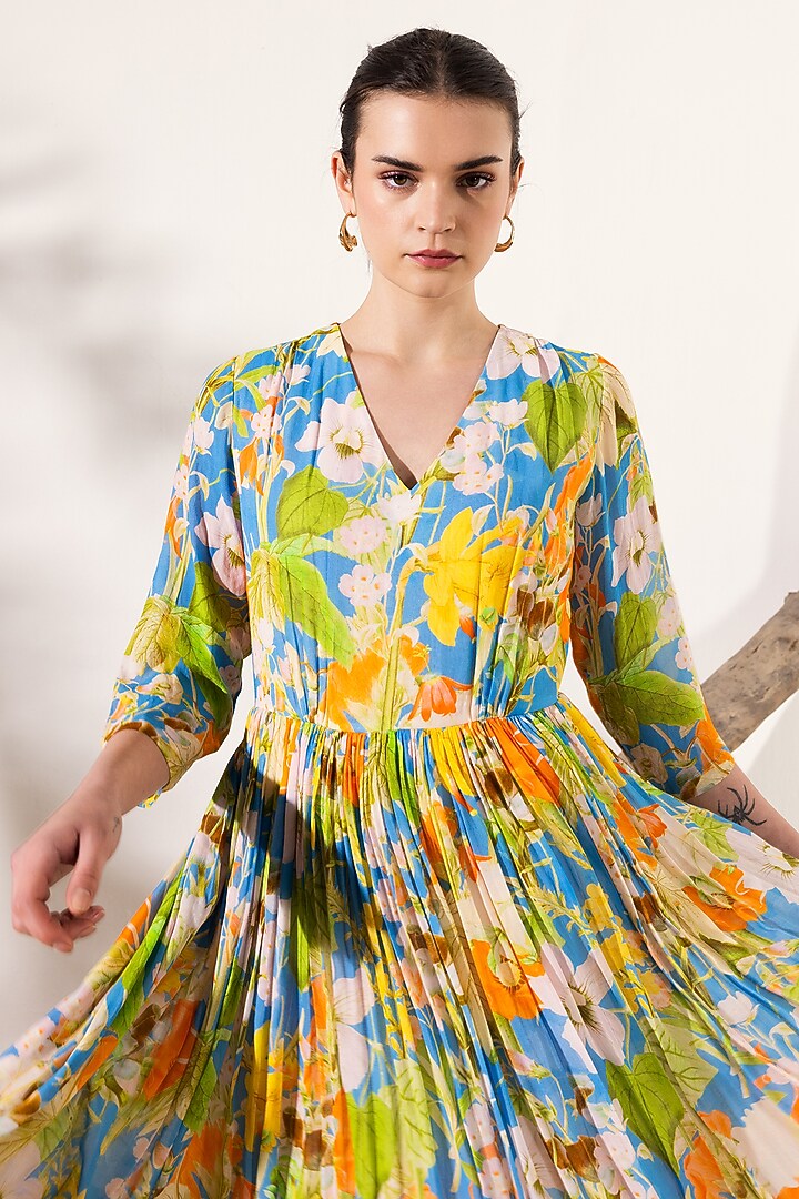 Blue & Orange Viscose Georgette Floral Printed Maxi Summer Dress by Reena Sharma at Pernia's Pop Up Shop