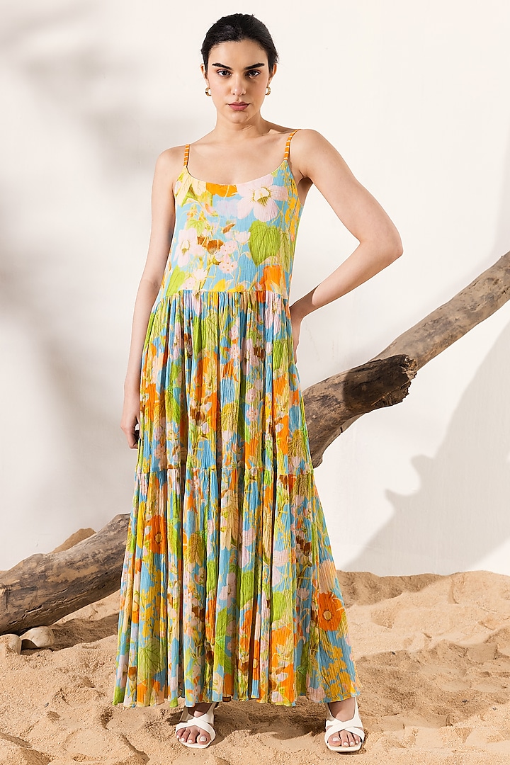 Sky Blue & Orange Cotton Crepe Floral Printed Tiered Maxi Dress by Reena Sharma