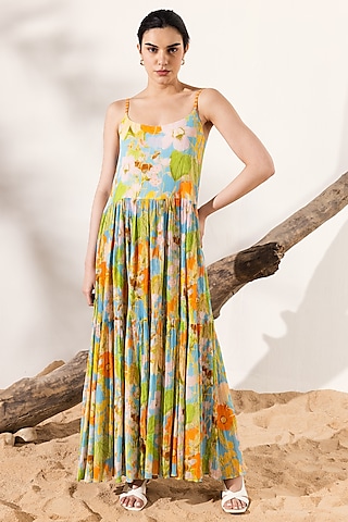 Sky Blue & Orange Cotton Crepe Floral Printed Tiered Maxi Dress by Reena Sharma
