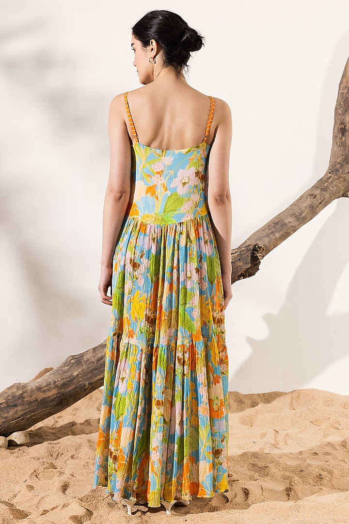 Sky Blue & Orange Cotton Crepe Floral Printed Tiered Maxi Summer Dress by Reena Sharma at Pernia's Pop Up Shop